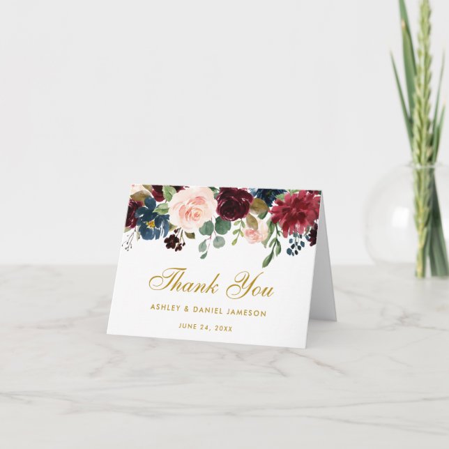 Floral Burgundy Blue Wedding Gold Thanks Note Card (Front)