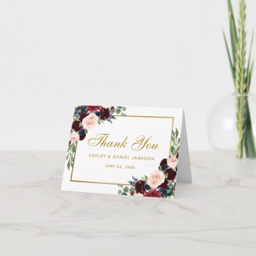 Floral Burgundy Blue Wedding Gold Thanks Note Card