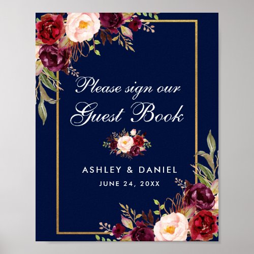 Floral Burgundy Blue Wedding Guest Book Poster