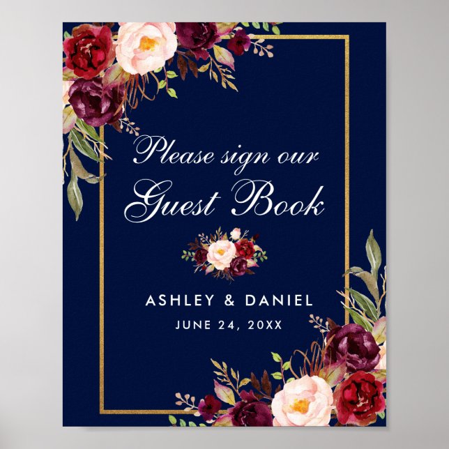 Floral Burgundy Blue Wedding Guest Book Poster (Front)