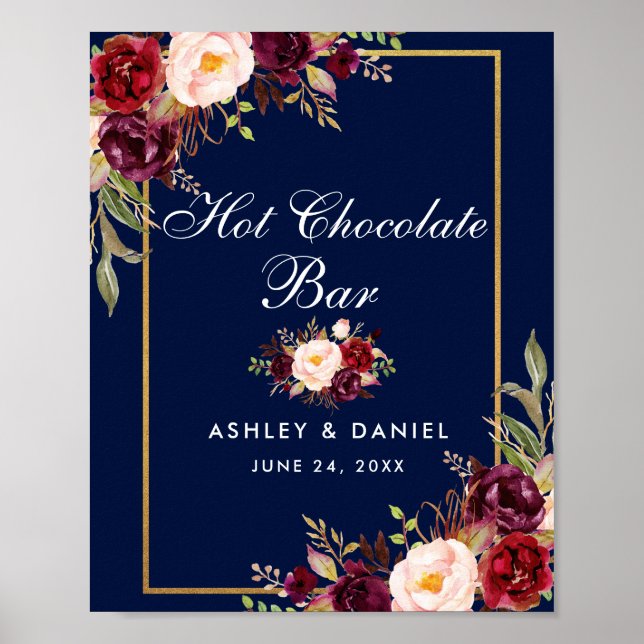 Floral Burgundy Blue Wedding Hot Chocolate Bar Poster (Front)