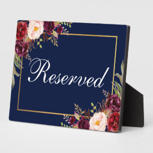 Floral Burgundy Blue Wedding Reserved 5x7 Table Plaque