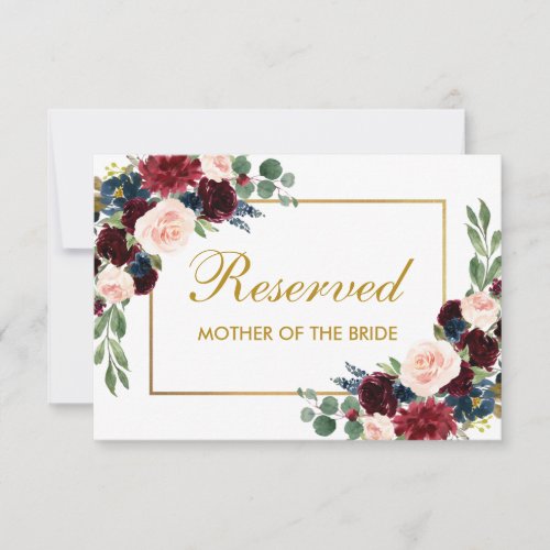 Floral Burgundy Blue Wedding Reserved Guest Place Card