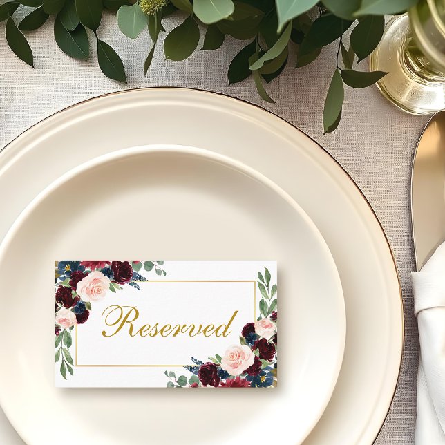 Floral Burgundy Blue Wedding Reserved Place Card (Customize to change text color, style or to add more text to front or back.)