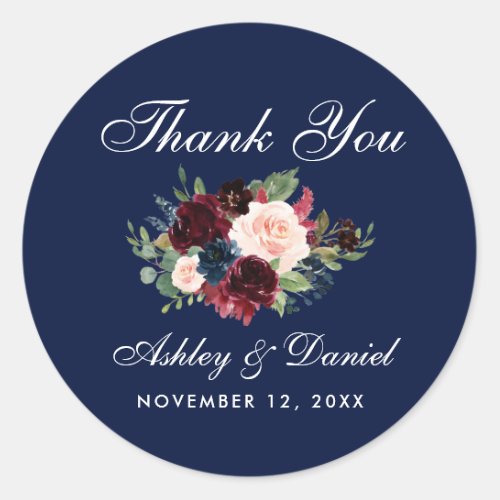 Floral Burgundy Blue Wedding Thank You Classic Round Sticker