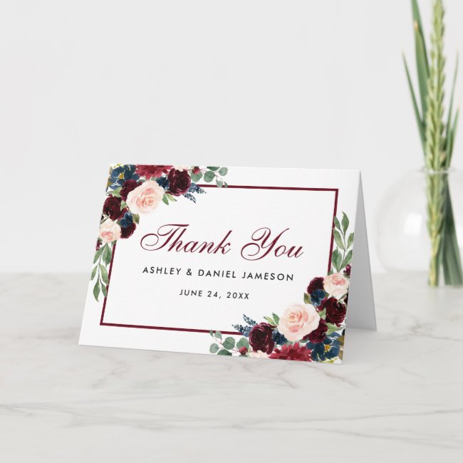 Floral Burgundy Blue Wedding Thanks Fold Card