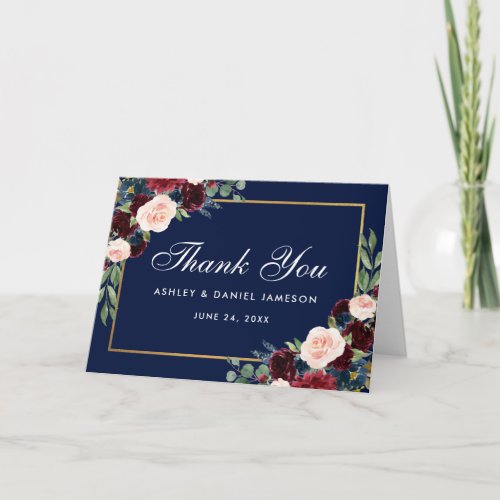 Floral Burgundy Blue Wedding Thanks Fold Card
