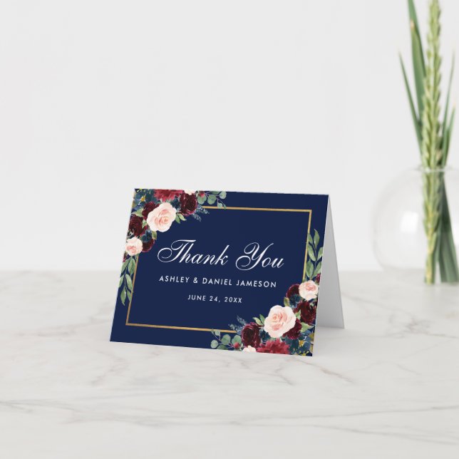 Floral Burgundy Blue Wedding Thanks Note Card (Front)