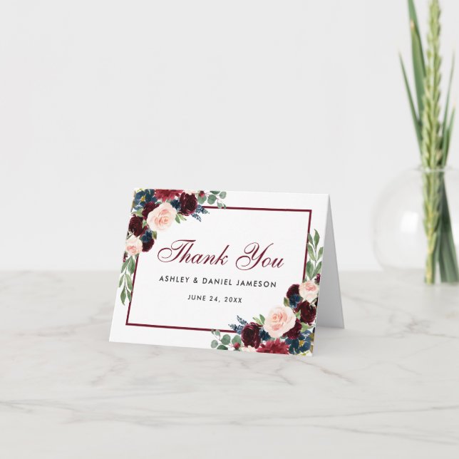 Floral Burgundy Blue Wedding Thanks Note Card (Front)