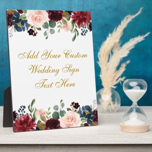 Floral Burgundy Blue Wedding Your Text Table Plaque