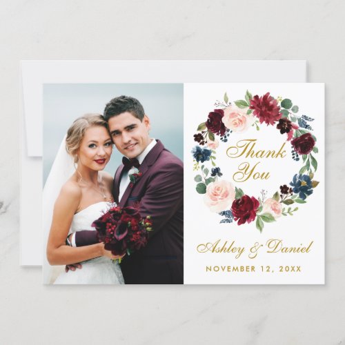 Floral Burgundy Blue Wreath Wedding Gold Thanks W Thank You Card