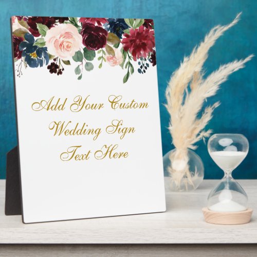 Floral Burgundy Blue Your Text Wedding Table Plaque