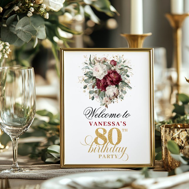 Floral Burgundy Blush 80th Birthday Tabletop Poster (Floral Burgundy Blush 80th Birthday Tabletop)
