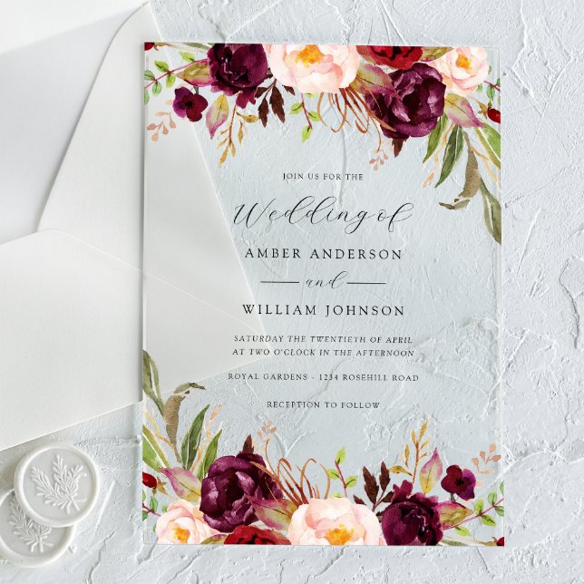 Floral Burgundy Blush Bloom Wedding   Acrylic Invitations (Creator Uploaded)