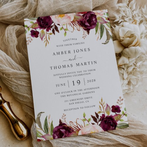 Floral Burgundy Blush Blooming Wedding   Invitation
