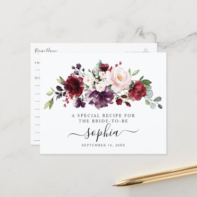 Floral Burgundy Blush Bridal Shower Recipe Card (Front/Back In Situ)