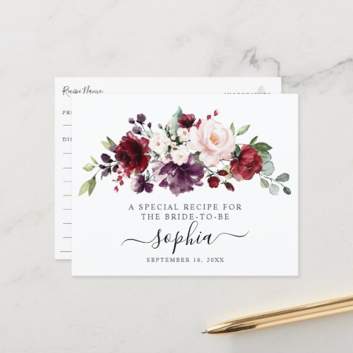 Floral Burgundy Blush Bridal Shower Recipe Card