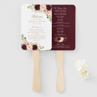 Floral Burgundy Blush Elegant Gold Wedding Program Hand Fan