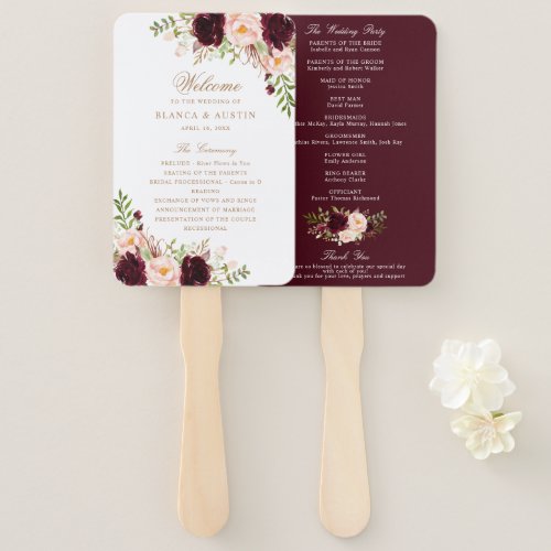 Floral Burgundy Blush Elegant Gold Wedding Program Hand Fan