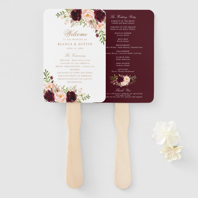 Floral Burgundy Blush Elegant Gold Wedding Program Hand Fan (Front and Back)