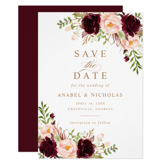 Floral Burgundy Blush Elegant Modern Save the Date Invitation