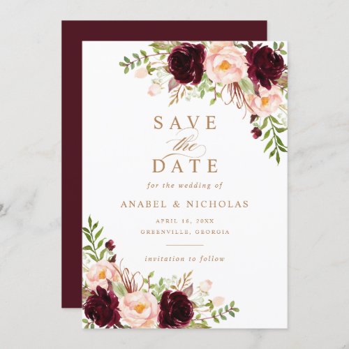 Floral Burgundy Blush Elegant Modern Save the Date Invitation