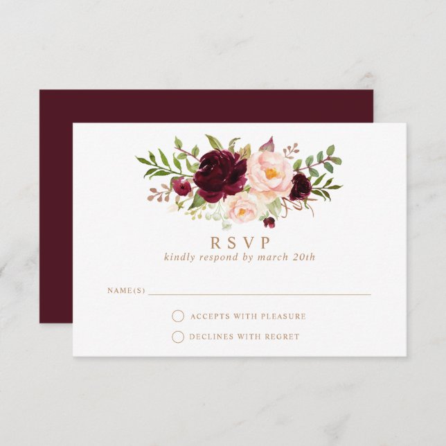 Floral Burgundy Blush Elegant Wedding RSVP Respond Invitation (Front/Back)