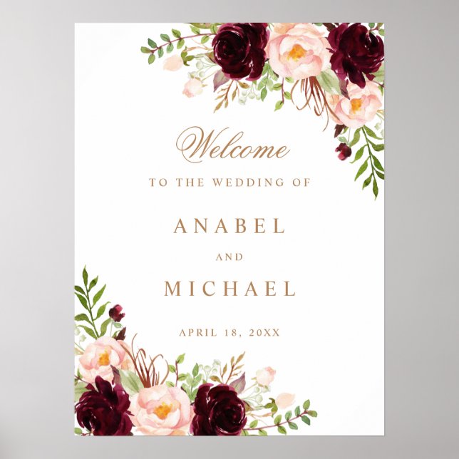 Floral Burgundy Blush Elegant Wedding Sign (Front)