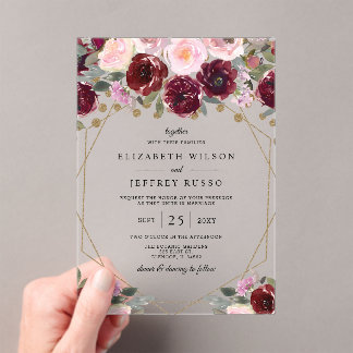 Floral Burgundy Blush Gold Geometric Wedding Acrylic Invitations