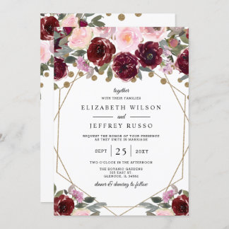 Floral Burgundy Blush Gold Geometric Wedding Invitation