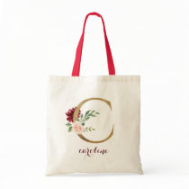 Floral Burgundy Blush Gold Monogram Letter "C" Tote Bag Floral Burgundy Blush Gold Monogram Letter "C" Tote Bag