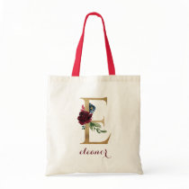 Floral Burgundy Blush Gold Monogram Letter "E" Tote Bag Floral Burgundy Blush Gold Monogram Letter "E" Tote Bag