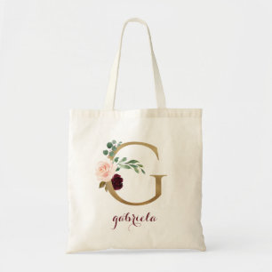 Floral Burgundy Blush Gold Monogram Letter "G" Tote Bag