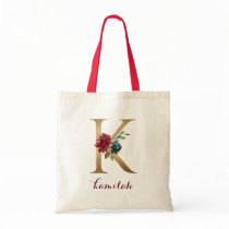 Floral Burgundy Blush Gold Monogram Letter "K" Tote Bag Floral Burgundy Blush Gold Monogram Letter "K" Tote Bag