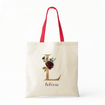 Floral Burgundy Blush Gold Monogram Letter "L" Tote Bag Floral Burgundy Blush Gold Monogram Letter "L" Tote Bag