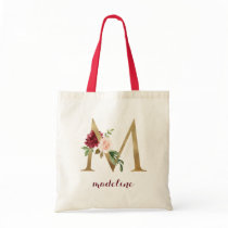 Floral Burgundy Blush Gold Monogram Letter "M" Tote Bag Floral Burgundy Blush Gold Monogram Letter "M" Tote Bag