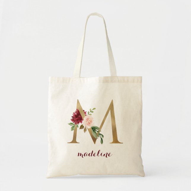 Floral Burgundy Blush Gold Monogram Letter "M" Tote Bag (Front)