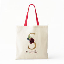 Floral Burgundy Blush Gold Monogram Letter "S" Tote Bag Floral Burgundy Blush Gold Monogram Letter "S" Tote Bag