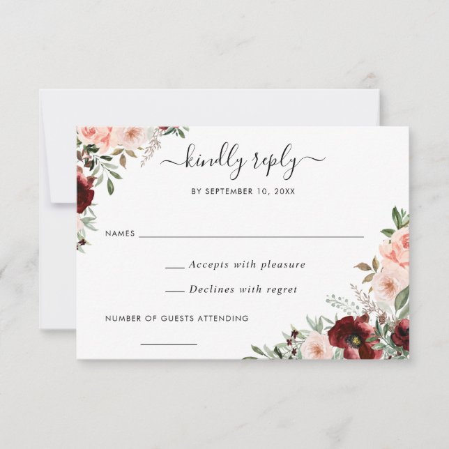 Floral Burgundy Blush Greenery RSVP Respond Invitation (Front)