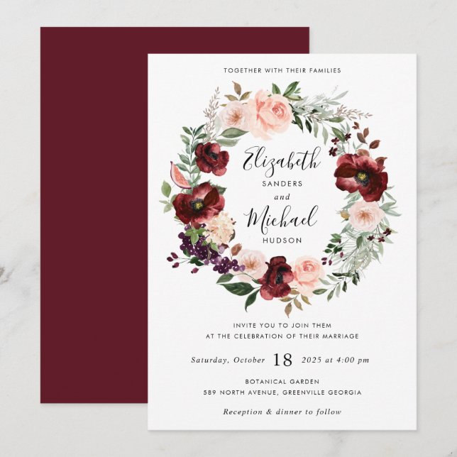 Floral Burgundy Blush Greenery Wreath Invitation (Front/Back)