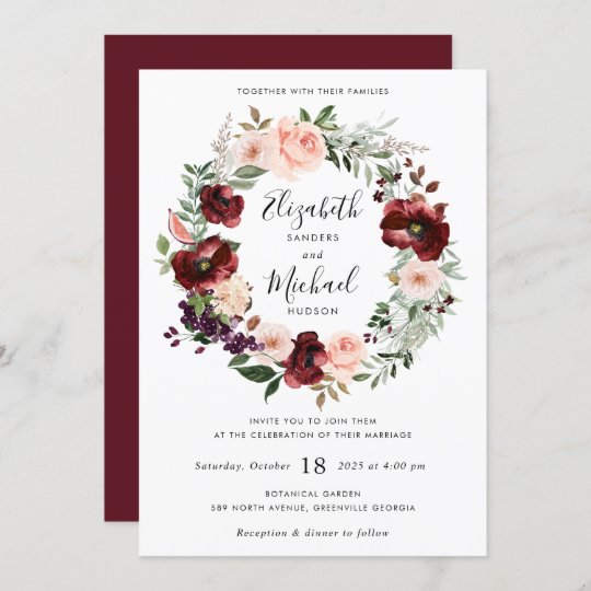 Floral Burgundy Blush Greenery Wreath Invitation | Zazzle.com