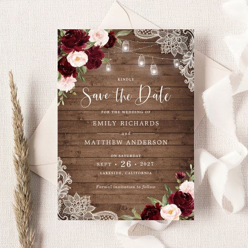 Floral Burgundy Blush Lace Wood Save the Date Invitation