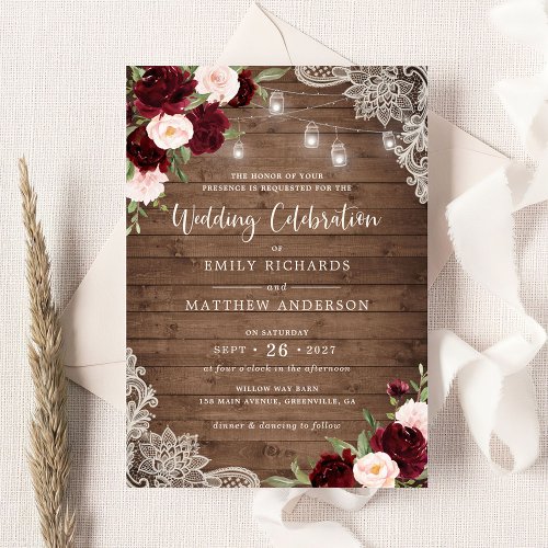 Floral Burgundy Blush Lace Wood String Lights Invitation