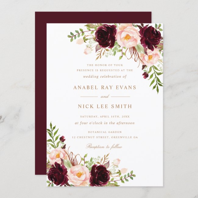 Floral Burgundy Blush Modern Elegant Wedding Invitation