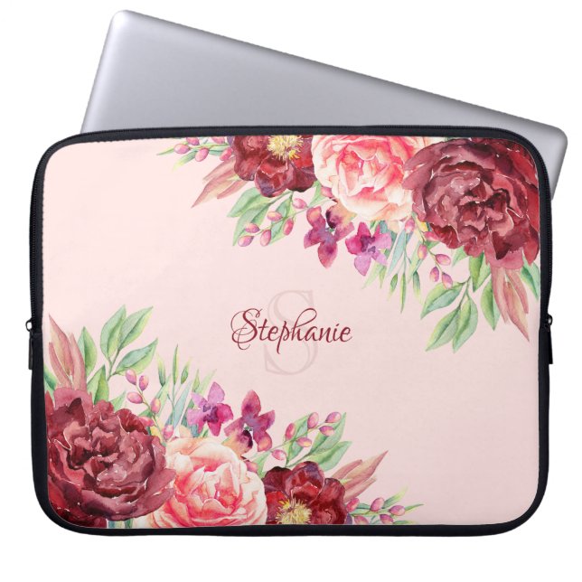 Floral Burgundy Blush Monogram Personalized Laptop Sleeve (Front)
