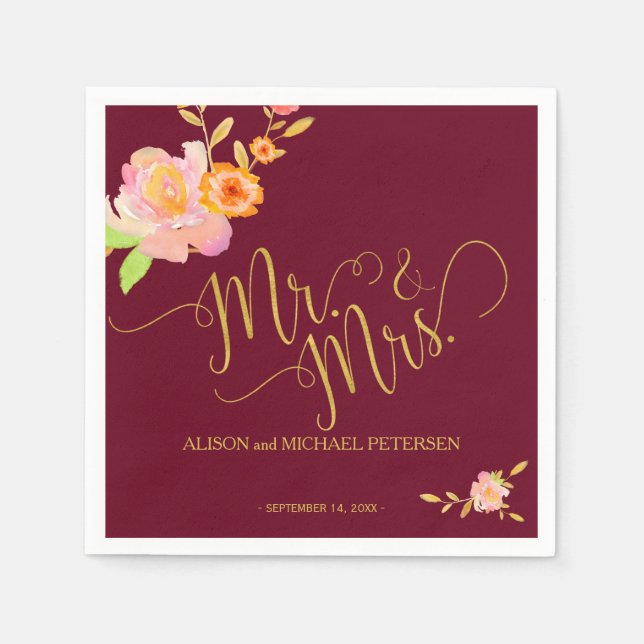 Floral burgundy blush mr and mrs wedding paper napkins (Front)