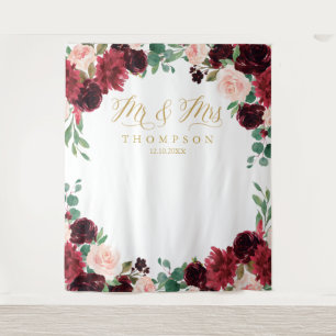 Floral Burgundy & blush Mr & Mrs wedding backdrop