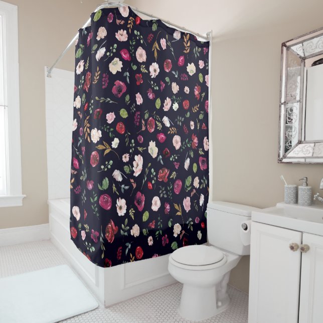 Floral Burgundy Blush Navy Pattern Shower Curtain (In Situ)