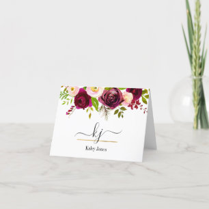 Floral Burgundy Blush Pink Botanical Monogram Note Letterpress Thank You Card