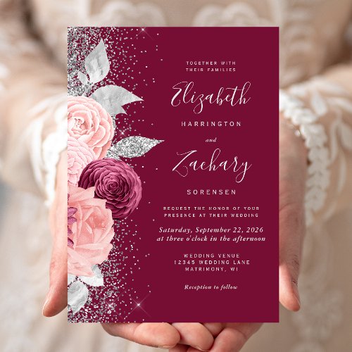 Floral Burgundy Blush Pink Silver Glitter Wedding Invitation